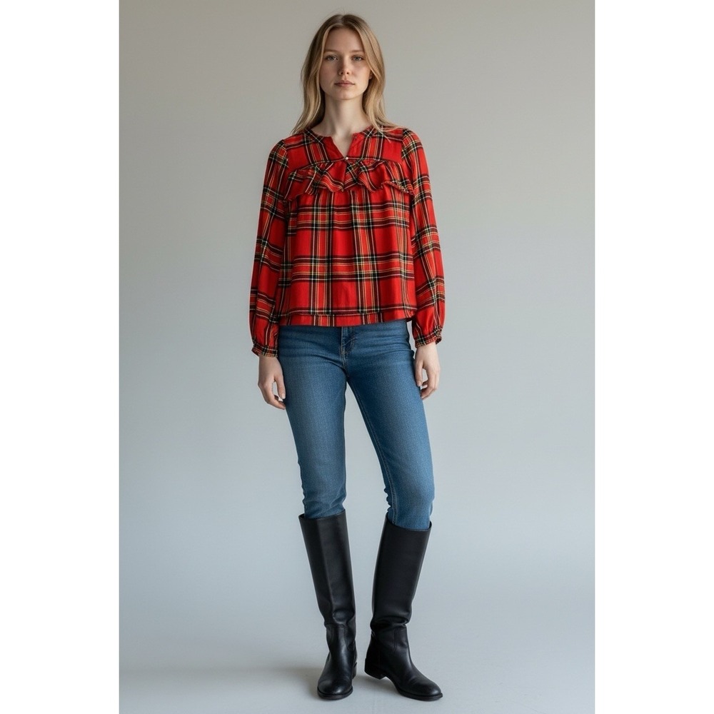J Crew Womens SP Red Tartan Ruffled Shirt Top Smocked Cottage Flannel Preppy